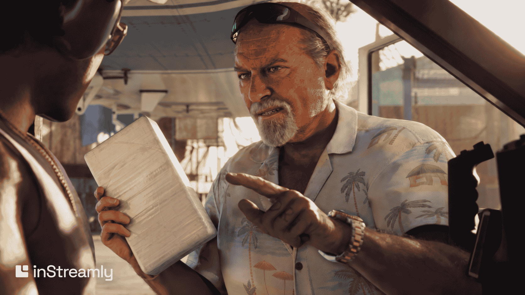 An older man holding a wrapped package and pointing at another character in a GTA VI scene.